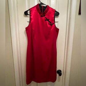 Sleeveless Red Satin Mandarin-Collar Midi Dress